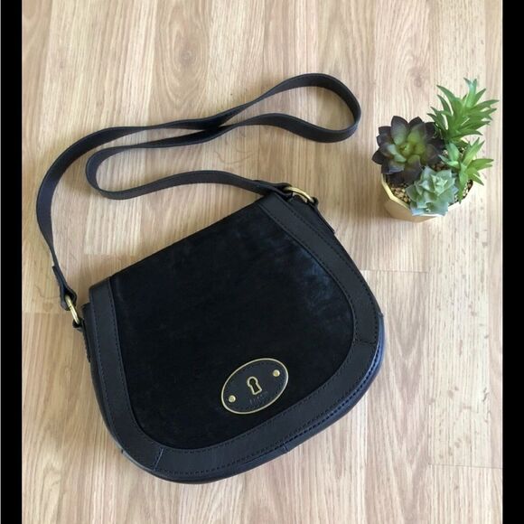 FOSSIL Vintage Re-Issue (VRI) Black Leather Calf Hair Crossbody Shoulder Bag - Picture 1 of 11